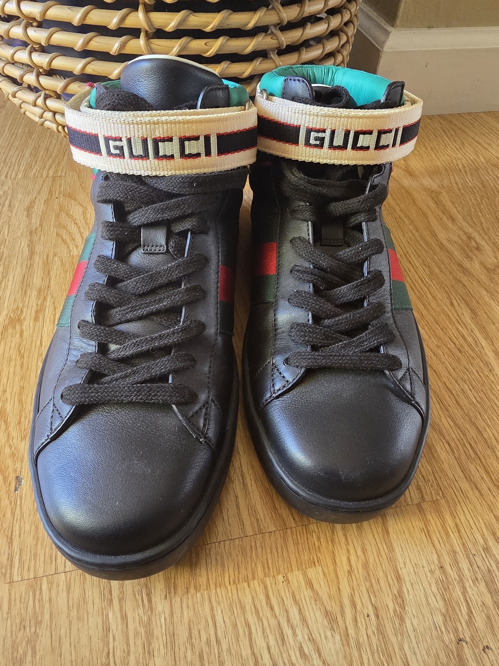Gucci Black Leather High-Top Sneakers with Signature Web Stripe